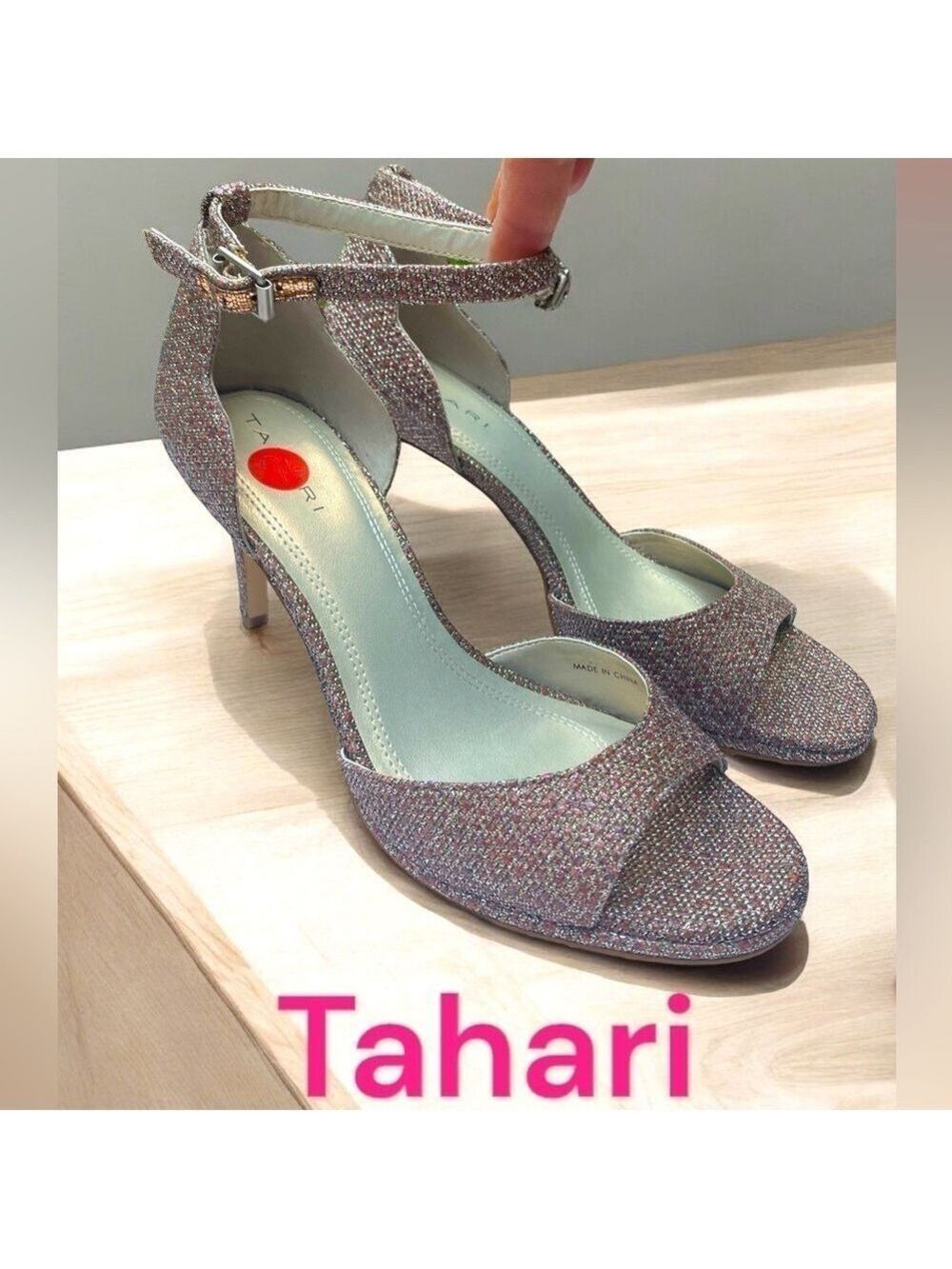 Tahari-NWT size 7.5. “Gea” Ankle Strap, 3” heels/open toe. Pink/silver sparkles!
